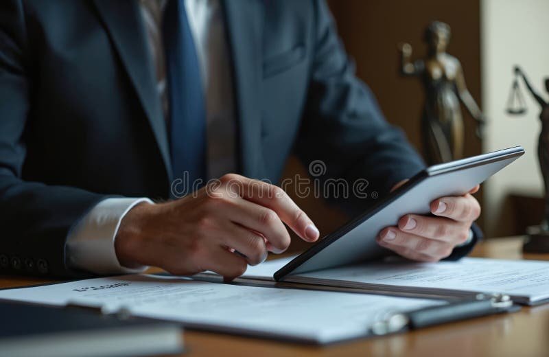 avvocato consulta documenti con computer e persona