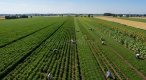 campi coltivati con lavoratori agricoli in fila