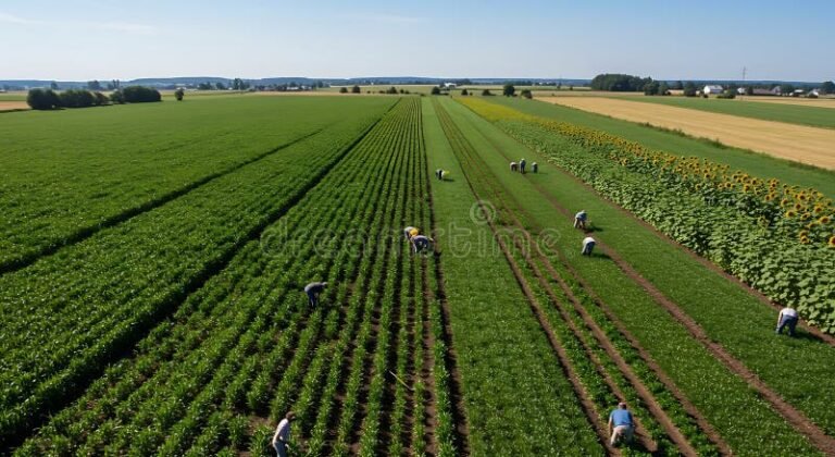 Come Presentare Domande di Disoccupazione Agricola e Quali Requisiti Servono 4 campi coltivati con lavoratori agricoli in fila