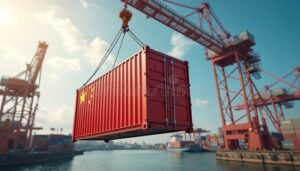 container in porto con bandiere italiana e cinese