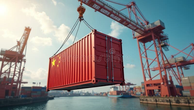 container in porto con bandiere italiana e cinese