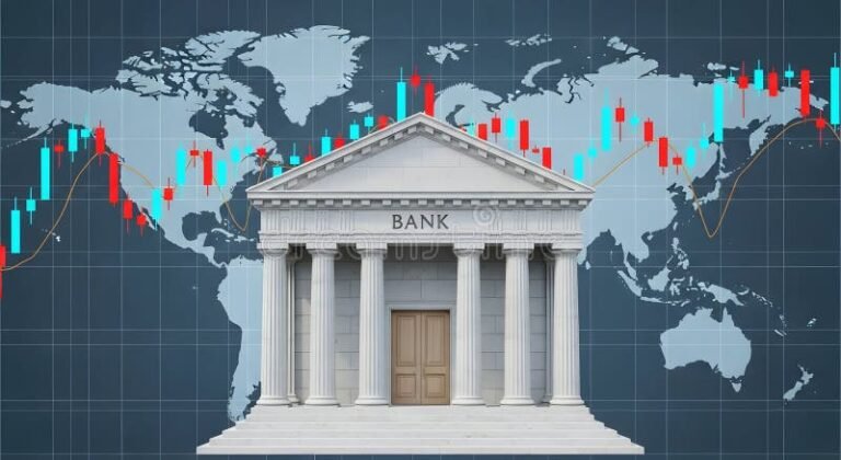 Cos’è una Banca e Qual è il Ruolo dei Titoli di Credito in Borsa 15 edificio bancario con grafici finanziari sovrapposti