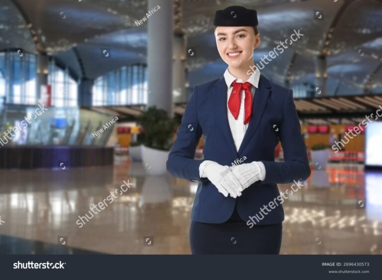 hostess di bordo sorridente in aeroporto