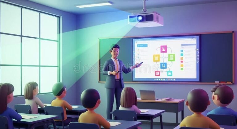 insegnante che guida studenti in aula moderna