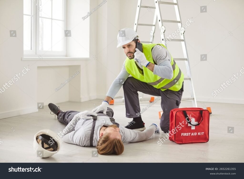 lavoratore infortunato con casco e primo soccorso