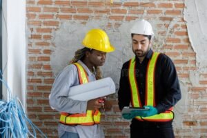 lavoratori edili con caschi e documenti sicurezza