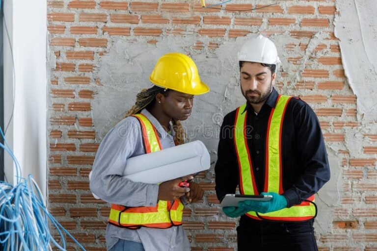 lavoratori edili con caschi e documenti sicurezza