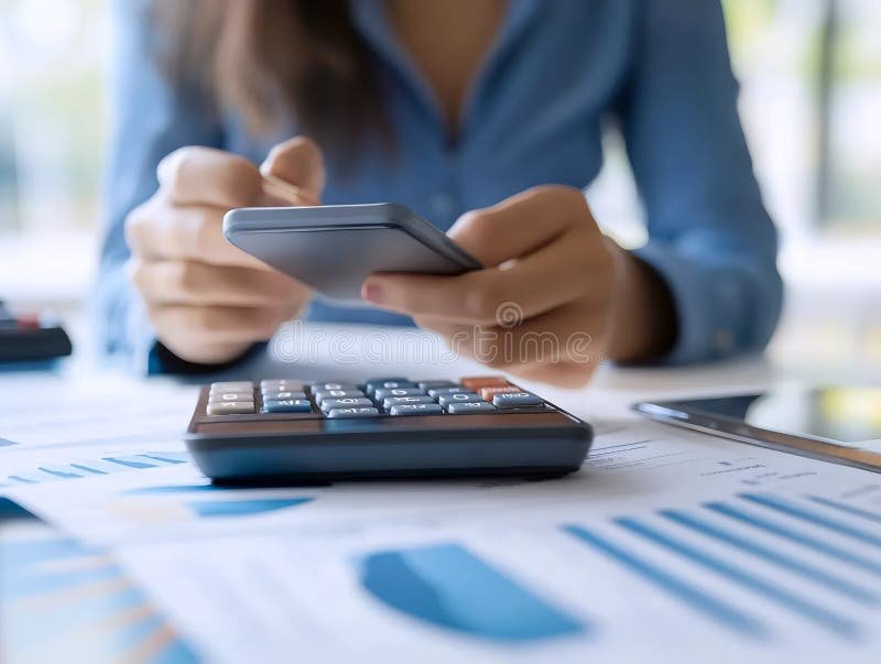 mani che stringono una calcolatrice e documenti finanziari