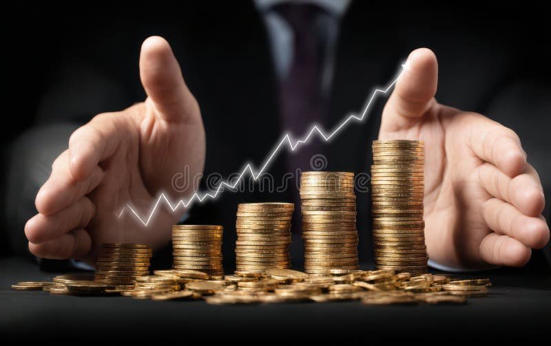 mani che tengono monete e grafico finanziario