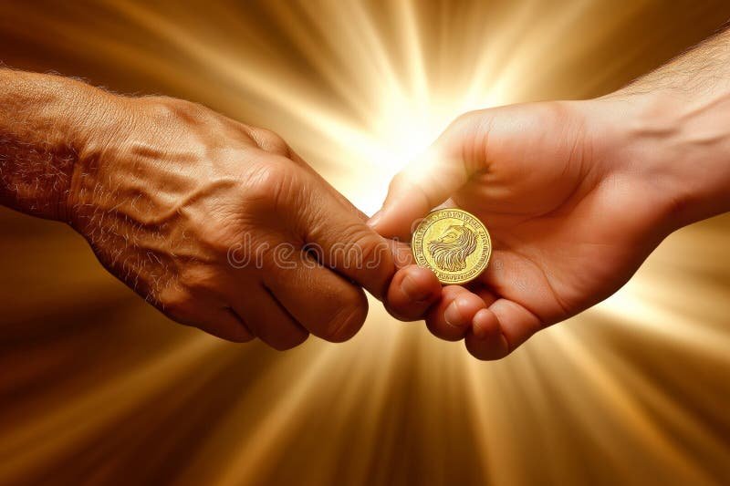 mano che passa una moneta luminosa a unaltra