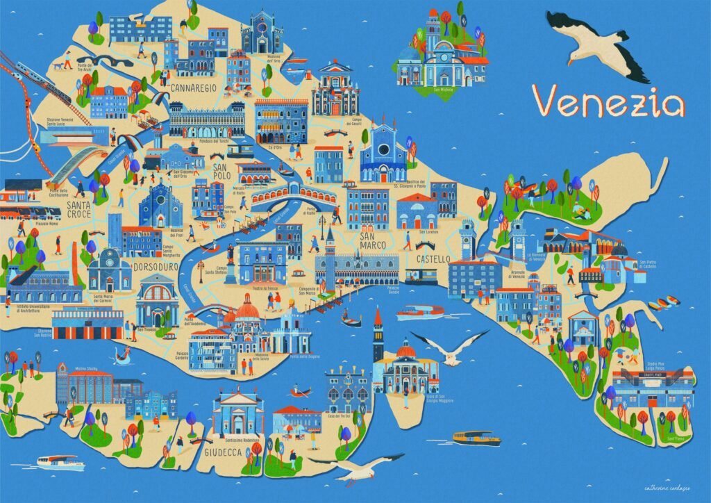 mappa di venezia con segnalazioni turistiche colorate
