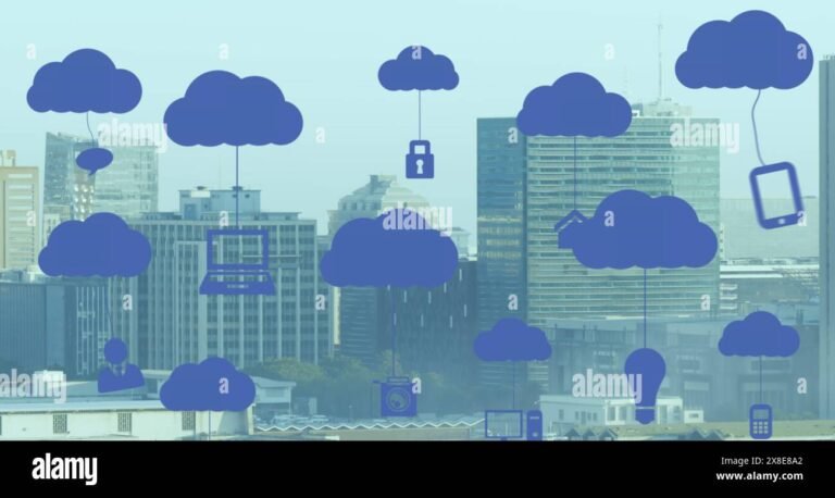 nuvole digitali con icone tecnologiche fluttuanti