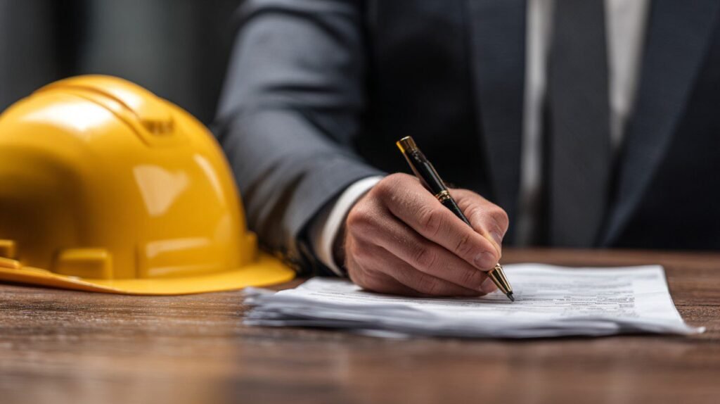 operaio con casco che firma documenti sicurezza
