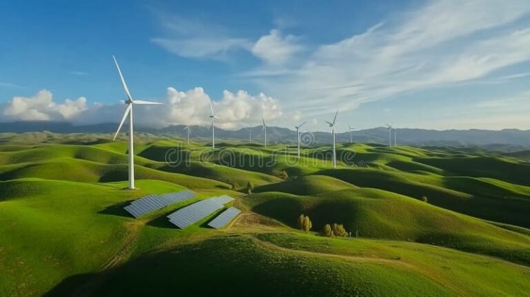 Quali Sono Esempi Comuni Di Energia Rinnovabile Sostenibile 25 pannelli solari e turbine eoliche in paesaggio verde