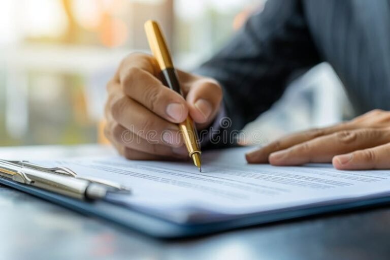 persona che firma contratto con sfondo ufficio