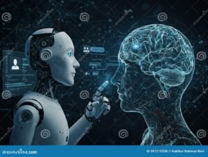 robot e cervello umano che interagiscono