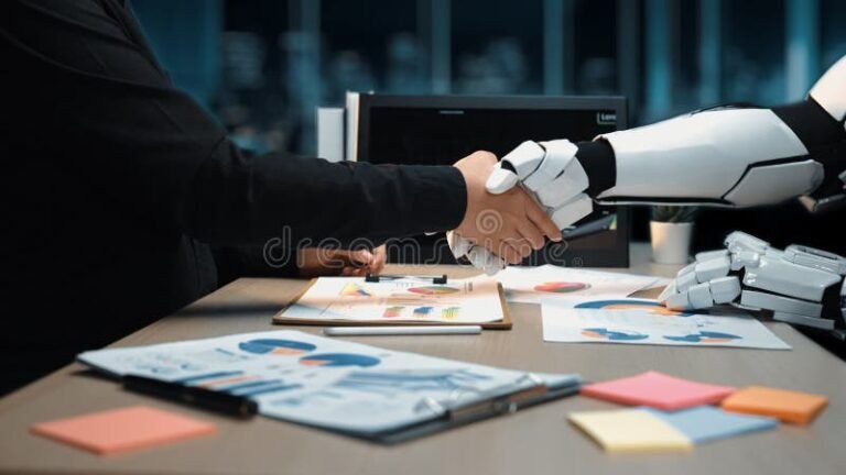 Come L'intelligenza Artificiale Sta Cambiando Il Mondo Del Lavoro 30 robot e umano che collaborano in ufficio