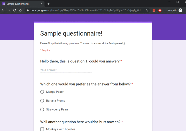 schermata di modulo google con campi compilati