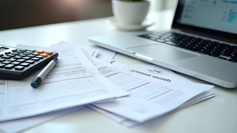 scrivania con computer e documenti fiscali
