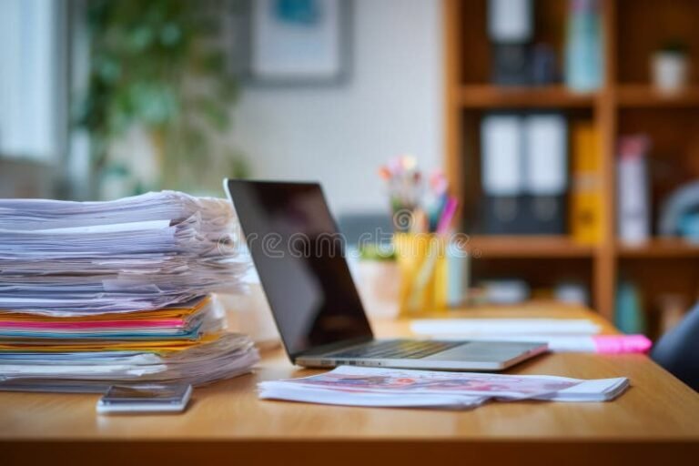 scrivania con documenti e laptop aperto