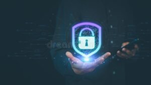 scudo digitale con simboli di privacy e dati