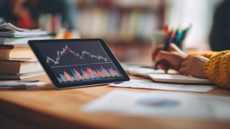 studente con libri e grafici finanziari colorati