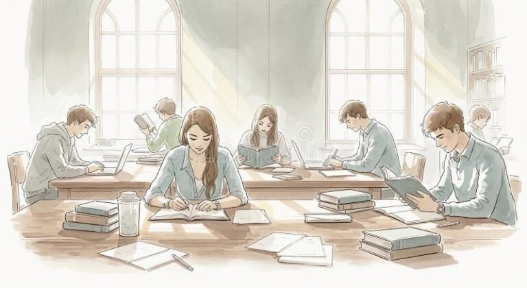 studenti che studiano in biblioteca luminosa