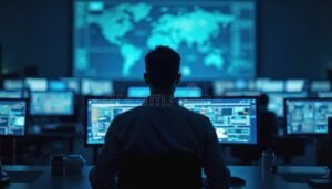 tecnico che analizza monitor con dati di sicurezza