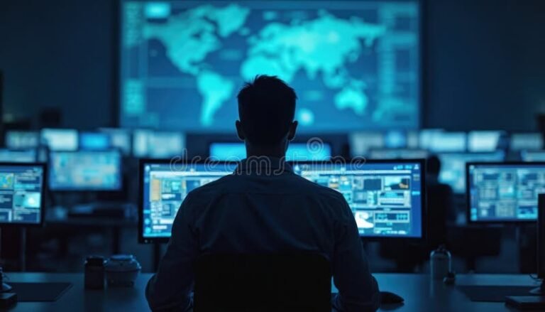 tecnico che analizza monitor con dati di sicurezza