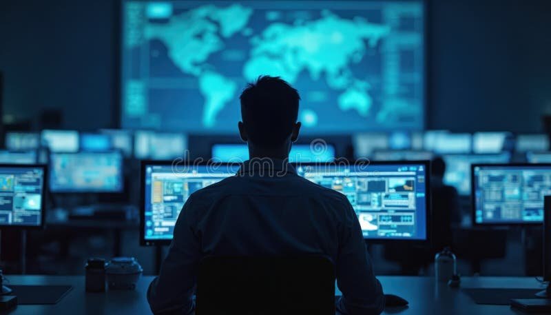 tecnico che analizza monitor con dati di sicurezza