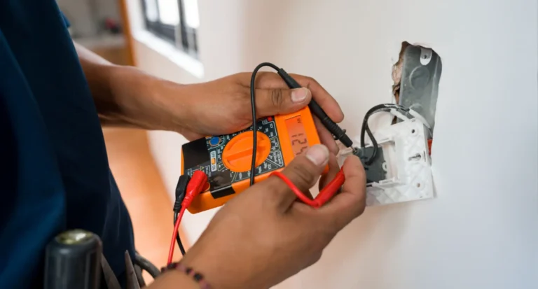 tecnico con multimetro che misura cablaggio elettrico