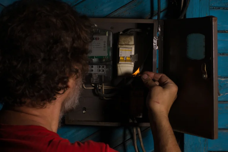 tecnico elettricista con torcia in casa buia