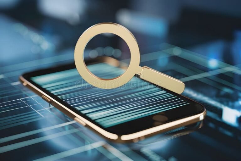 telefono con lente dingrandimento su sfondo digitale