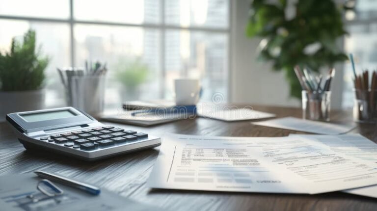 ufficio moderno con documenti finanziari e calcolatrice