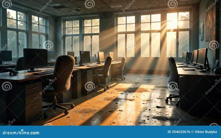 ufficio vuoto con scrivanie abbandonate