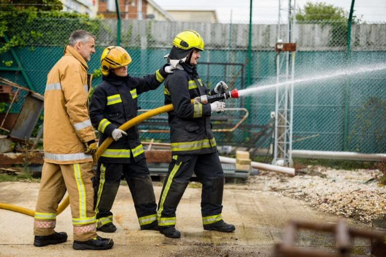 vigili del fuoco in azione con attrezzature antincendio